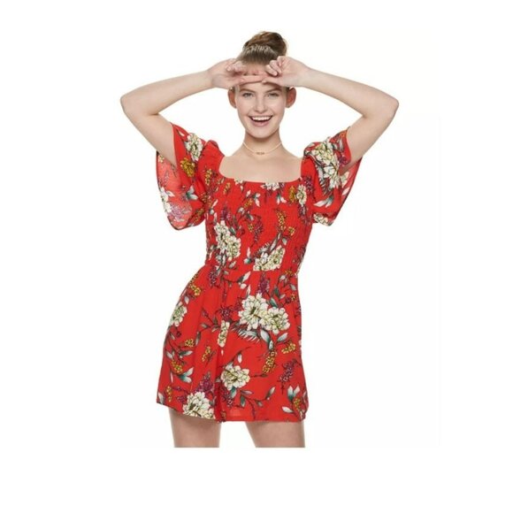 ✨✨✨Lily Rose  Juniors Women S Smocked Scoop Neck Flutter sleeves Roses red Rayon - Picture 1 of 7